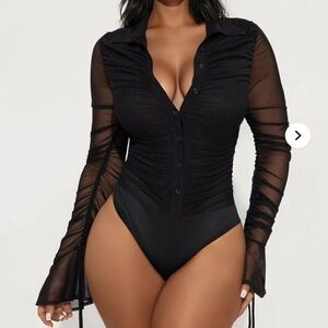 SUBLIMINAL RUCHED BUTTON UP MESH BODYSUIT -